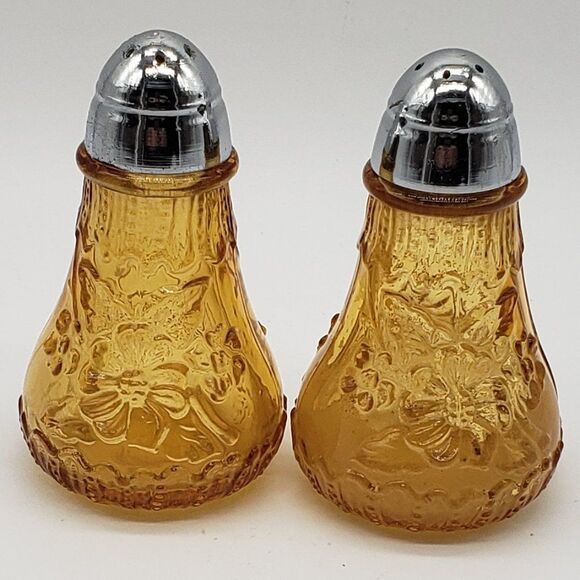 Viking Vintage Amber Glass Daisy Flowers Chrome Lid Salt & Pepper Shaker Set - Picture 1 of 11